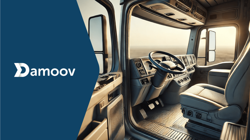 Interior of a modern truck cabin, showcasing the driver’s seat and dashboard, symbolizing Damoov’s focus on driver coaching and safety, and fleet efficiency, through telematics.