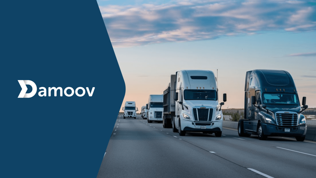 A fleet of trucks driving on a highway at sunrise, symbolizing the Damoov's mobile telematics role for driver health and performance for long-haul safety in fleet operations.