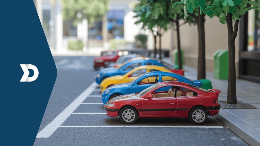 A vibrant street scene featuring colorful toy cars parked under trees, symbolizing Damoov's innovative mobile telematics solutions for driver education and engagement.