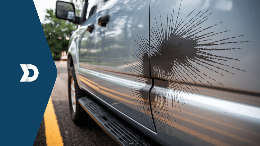 Close-up of faked damage on a vehicle door, illustrating the role of mobile telematics in accurately tracking and validating accident claims.