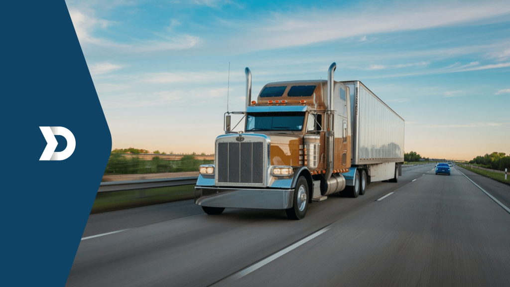 A golden semi-truck driving down a highway under a clear blue sky, symbolizing efficiency and safety in fleet management with Damoov's mobile telematics.