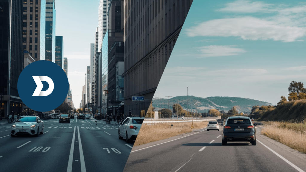 A split view comparing urban city traffic with open rural roads, highlighting the challenges and dynamics of driving in different environments.