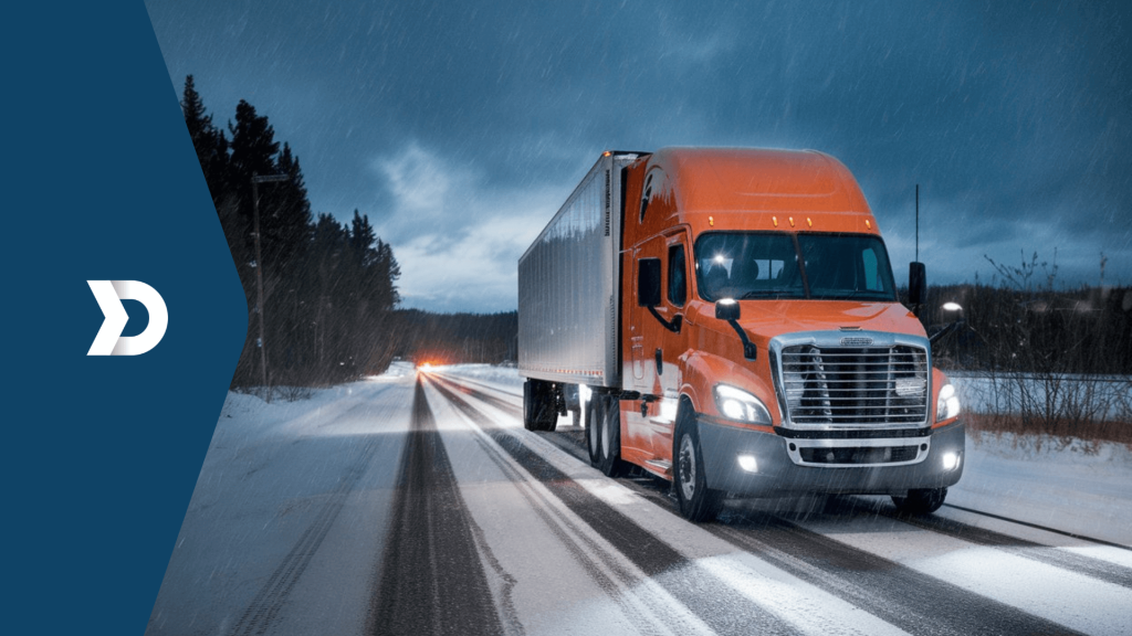 A bright orange semi-truck driving on a snow-covered road during a snowstorm, highlighting the challenges of navigating adverse weather conditions.