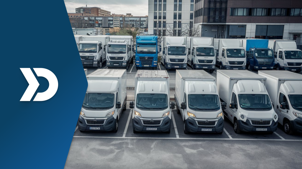 A fleet of commercial vehicles, including vans and trucks, parked in an urban lot, symbolizing the role of mobile telematics in optimizing fleet management for supply chains.