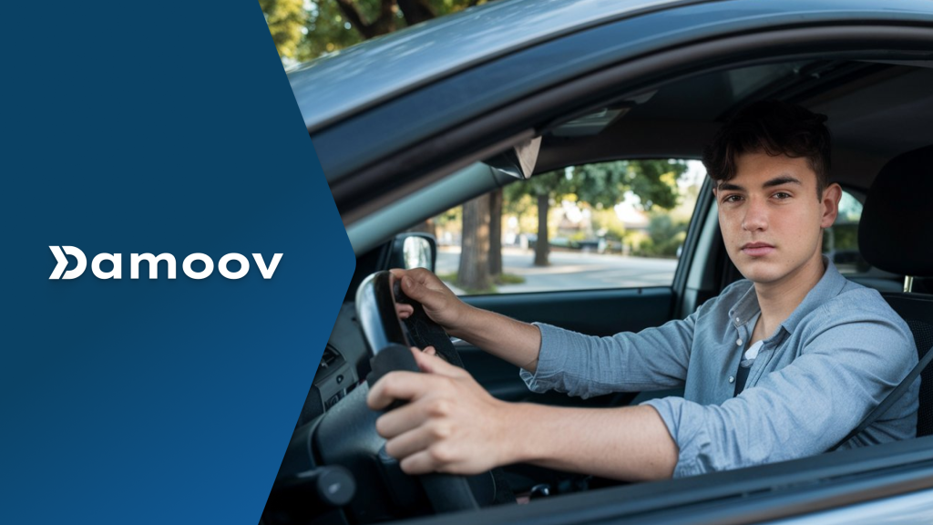 A teenage driver sitting behind the wheel of a car, symbolizing the role of mobile telematics in monitoring and improving young driver safety.