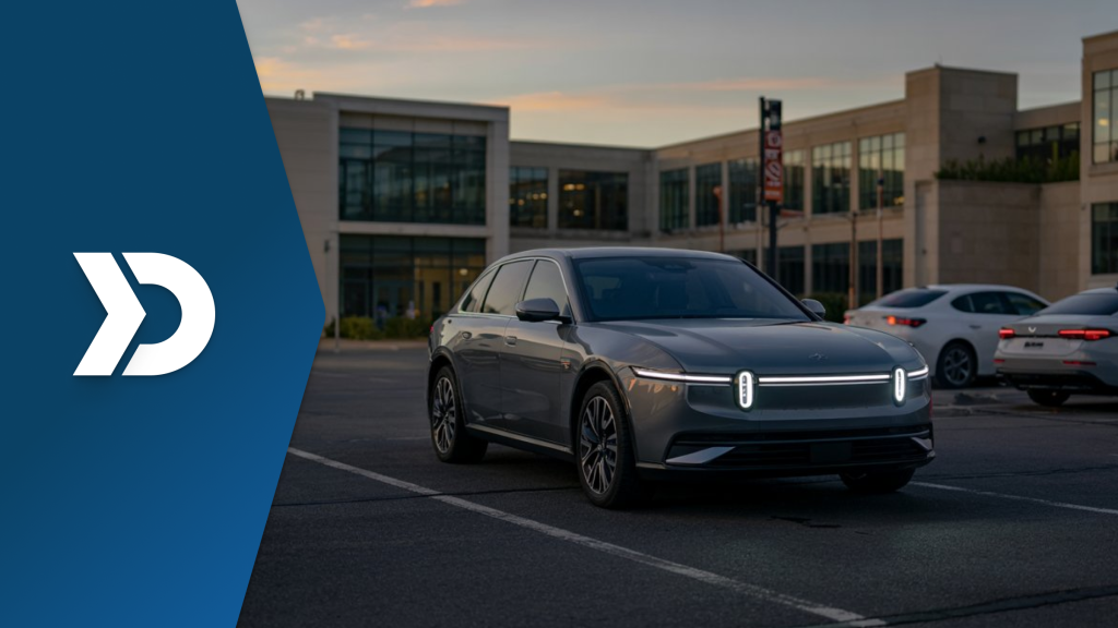 A modern electric vehicle parked in a commercial lot at dusk, with LED headlights on, illustrating the role of mobile telematics in driver reputation scoring for car rental platforms.