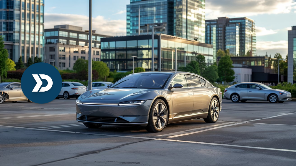 A sleek electric car parked in a modern urban lot, surrounded by other vehicles and office buildings, symbolizing the role of mobile telematics in predicting vehicle resale value.