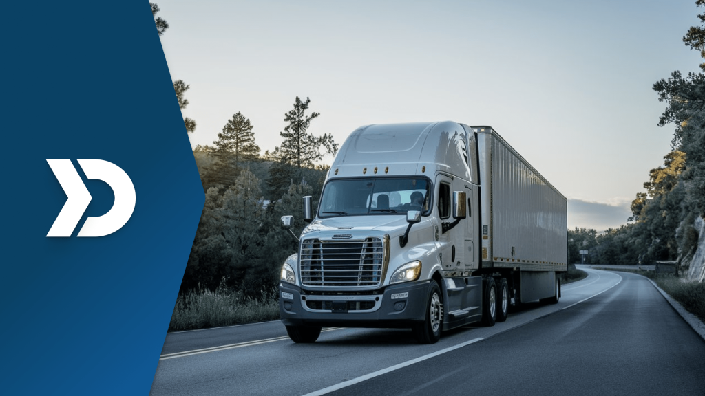 Semi-truck on highway at sunset, illustrating cost-saving mobile telematics solutions for logistics fleets.