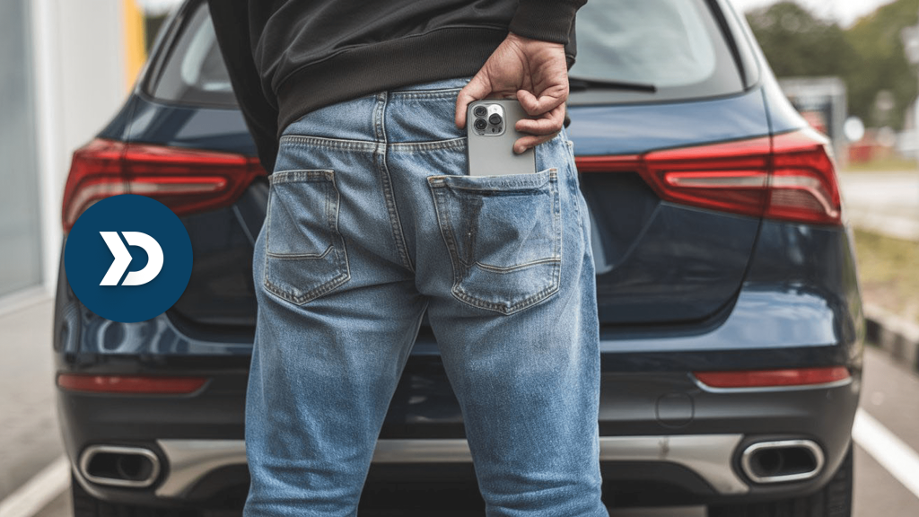 A person holding smartphone near parked vehicle, highlighting mobile telematics for connected car tracking and driver behavior analysis.