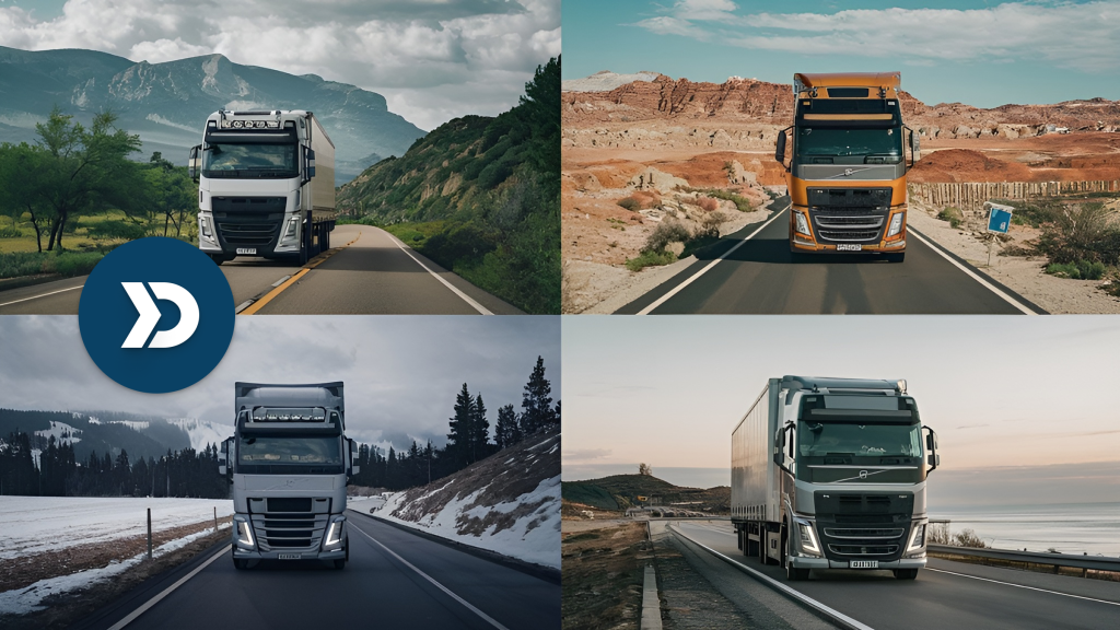 Four trucks in diverse environments showcasing BYOD fleet tracking with Damoov’s real-time telematics platform