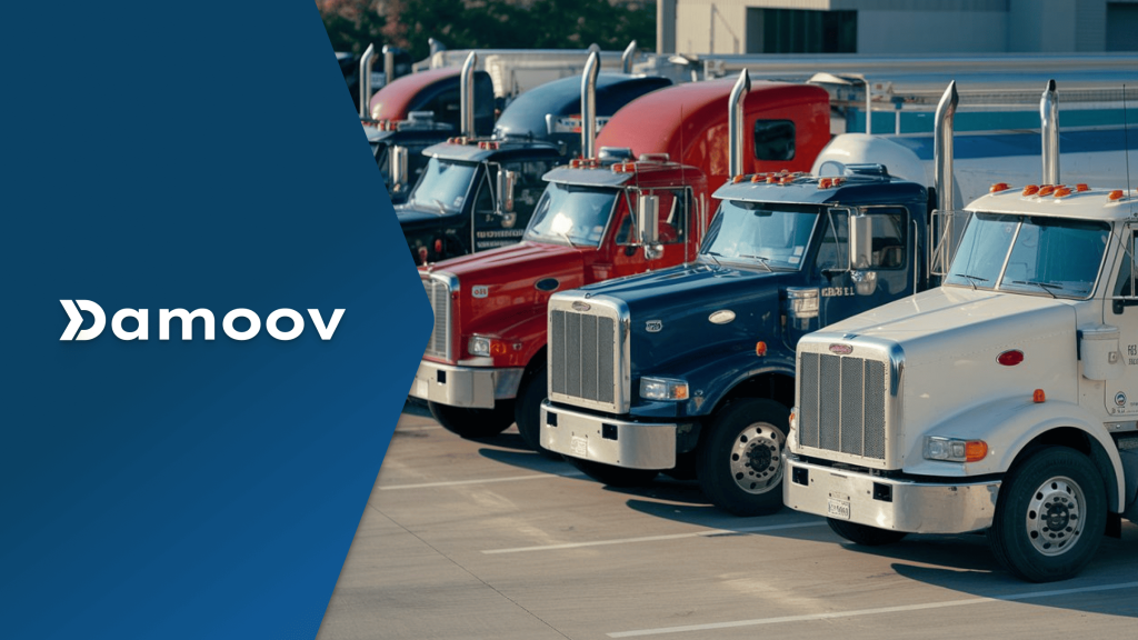 Fleet of commercial trucks parked in a lot, illustrating Damoov’s live tracking and fleet telematics technology for transportation businesses